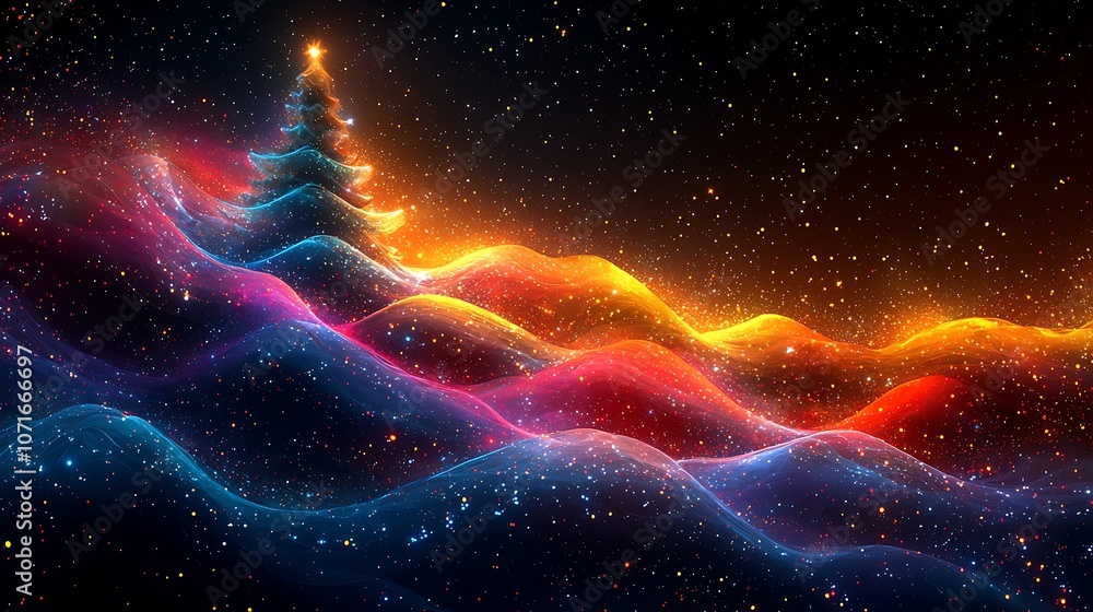 A vibrant, abstract landscape featuring colorful waves of light against a dark backdrop, with a glowing tree silhouette at the center. A vibrant, abstract landscape featuring colorful waves of light against a dark backdrop, with a glowing tree silhouette at the center.