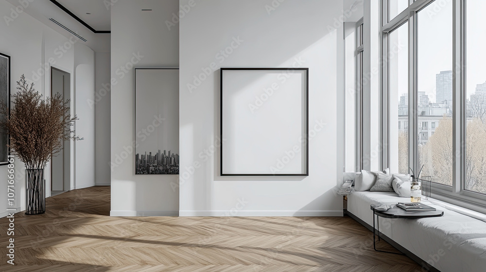 Fototapeta premium wall modern living room with mockup frame