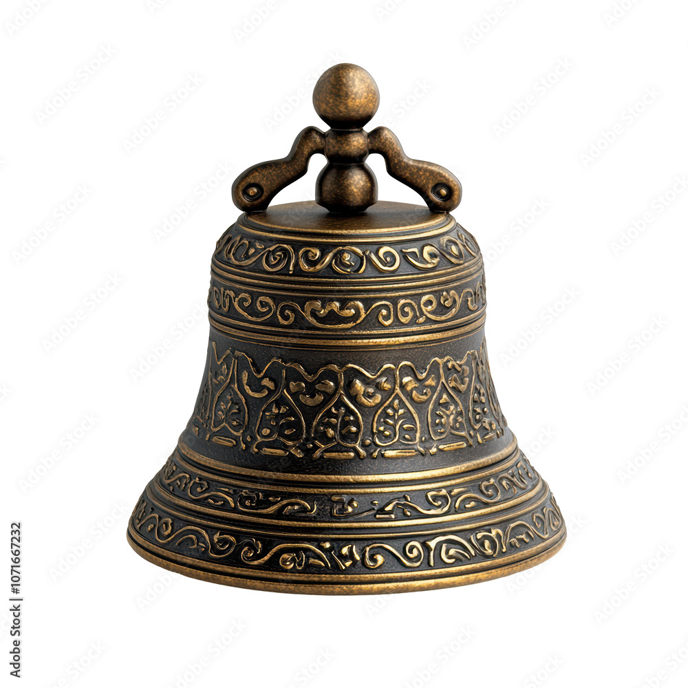 Ornate bronze bell featuring intricate and detailed patterns engraved around its surface, showcasing a traditional and antique design. Isolated on transparent background, png. Ornate bronze bell featuring intricate and detailed patterns engraved around its surface, showcasing a traditional and antique design. Isolated on transparent background, png.