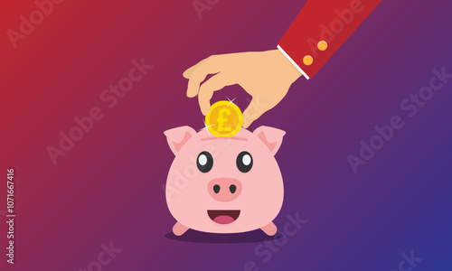 Vector illustration of a hand placing a gold pound coin into a happy piggy bank. Concept of saving money
