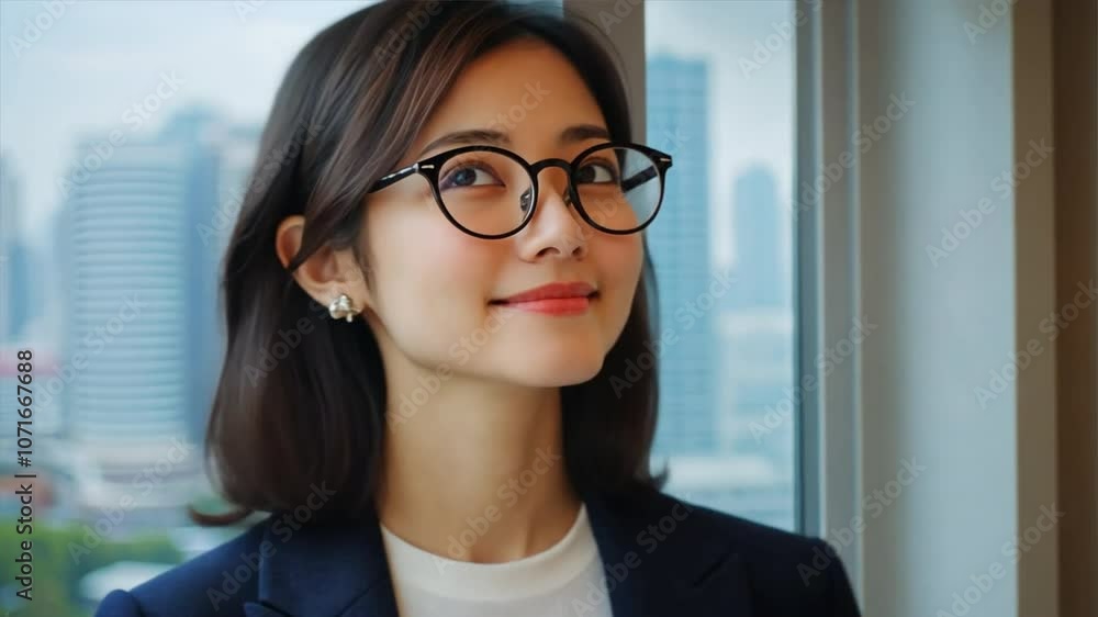 Confident Businesswoman: A woman with a warm smile and determination looks out a window in a modern office building, showcasing ambition and a positive outlook. Confident Businesswoman: A woman with a warm smile and determination looks out a window in a modern office building, showcasing ambition and a positive outlook.