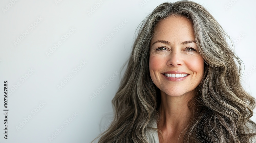 Smiling Woman with Long Wavy Hair against Neutral Background Smiling Woman with Long Wavy Hair against Neutral Background