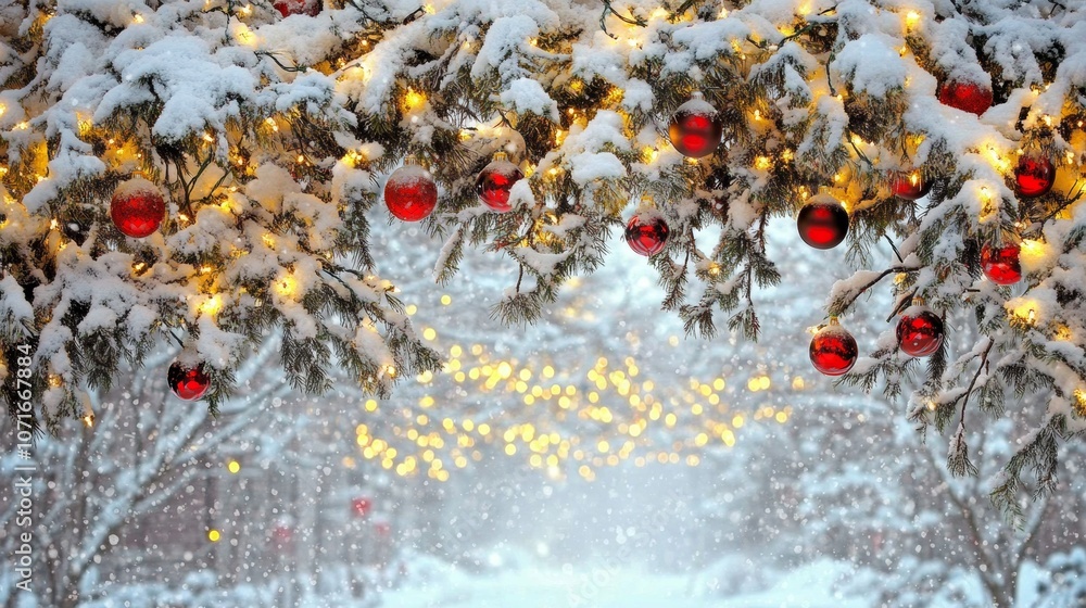 Obraz premium Festive Christmas tree adorned with twinkling lights, dusted with snow, set against winter wonderland backdrop.