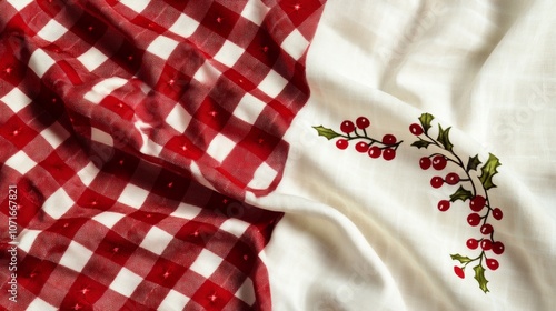 Red white checkered tablecloth, picnicready, evokes classic outdoor dining, vibrant pattern, perfect for summer gatherings. photo