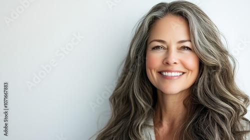 Smiling Woman with Long Wavy Hair against Neutral Background