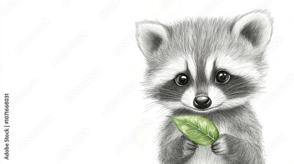 Obraz premium Cute Raccoon Holding Leaf in Soft Colors