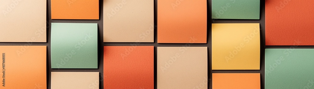 Fototapeta premium Abstract geometric patterned wall with colorful rectangular panels in various shades.