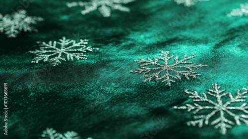 Green velvet fabric adorned with white snowflakes, perfect for winterthemed decor or festive holiday projects. photo