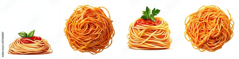 Four spaghetti nests with tomato sauce and basil on a white background, symbolizing Italian cuisine. Four spaghetti nests with tomato sauce and basil on a white background, symbolizing Italian cuisine.