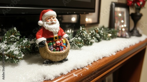 Wallpaper Mural Festive mantle with small Christmas decoration, featuring red green accents, pinecones, twinkling fairy lights. Torontodigital.ca