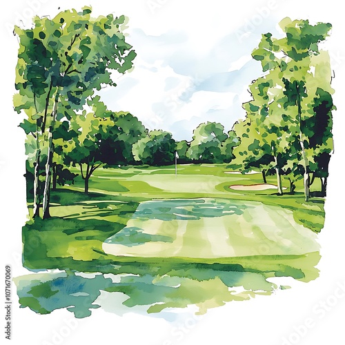 Wallpaper Mural Watercolor Painting of a Golf Course Green with Trees. Torontodigital.ca