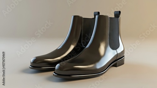 Pair of stylish black leather Chelsea boots with a sleek, minimalist design, set against a soft beige background. photo