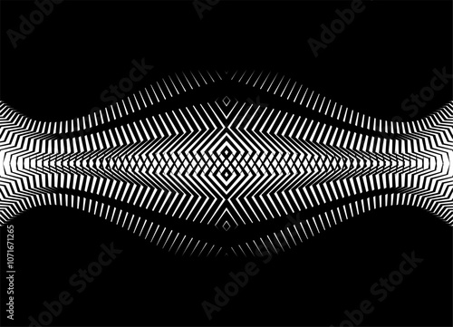 Fantastic pattern of abstract striped ribbons. Modern futuristic pattern. Energy flow. Horizontal Black and White Background for covers, packaging, advertising. Wallpaper. flash, Light