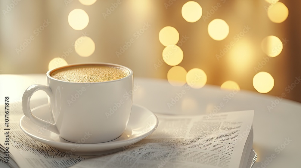 Fototapeta premium Savoring the moment with a warm coffee cup and morning newspaper in a cozy cafe setting