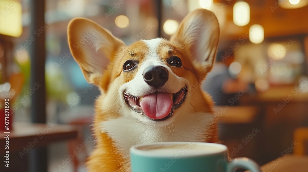 Corgi dog in a warm sweater enjoying hot coffee in a cozy cafe, autumn and winter warmth concept. Pet clothing and handmade knitting concept, copy space.
Corgi dog in a warm sweater enjoying hot coffee in a cozy cafe, autumn and winter warmth concept. Pet clothing and handmade knitting concept, copy space.