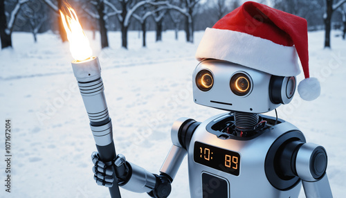 technology wire-frame modern AI innovations Christmas hat on advanced robot with a torch outside in the snow close up photo