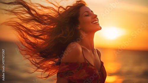 Wallpaper Mural Happy Carefree Woman Enjoying Beautiful Sunset on the Beach : Generative AI Torontodigital.ca