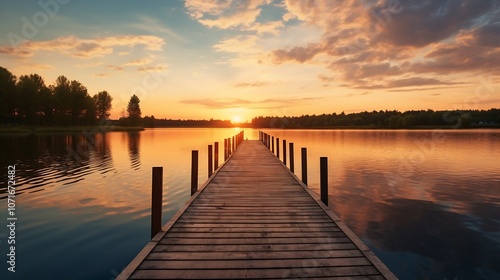 Perspective view of a wooden pier on the pond at sunset with perfectly specular reflection : Generative AI