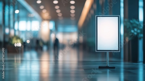 Simple, unbranded poster stand positioned in a softly blurred conference hall, attracting attention with its understated elegance, prepared for any business presentation or event 