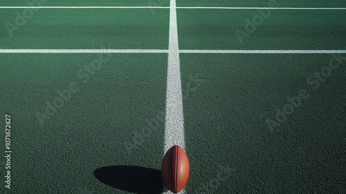 Rugby ball on the field, angled to show the goalposts and white sideline chalk, capturing the essence of the game setup.