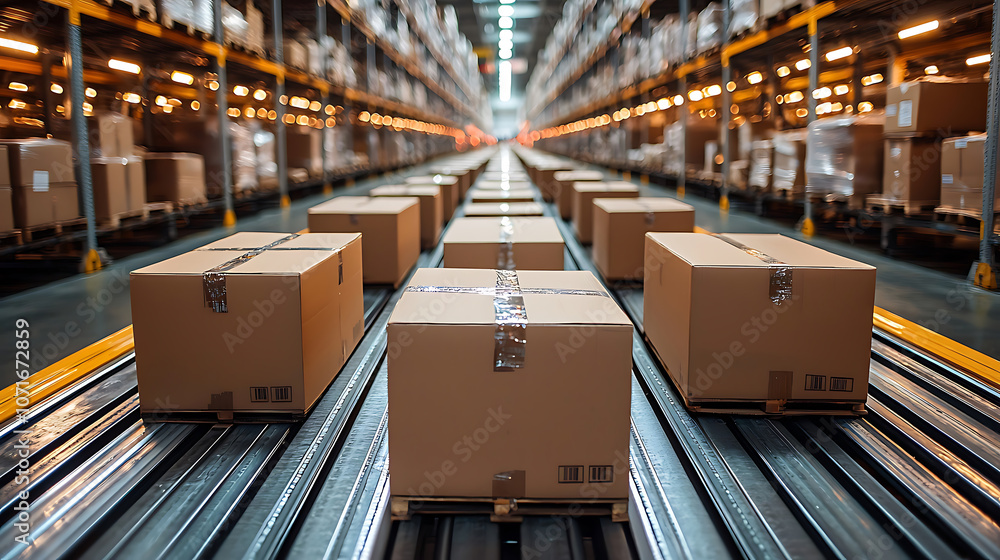 row of cardboard boxes on conveyor belt in warehouse, showcasing efficient logistics and storage solutions. scene conveys sense of order and productivity row of cardboard boxes on conveyor belt in warehouse, showcasing efficient logistics and storage solutions. scene conveys sense of order and productivity