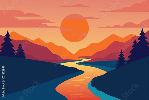 River landscape at sunset vector illustration