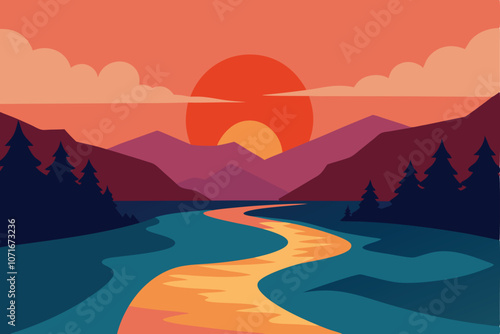 River landscape at sunset vector illustration