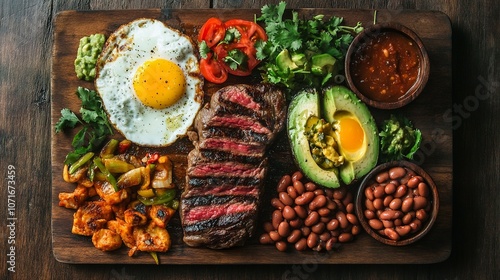 Colombian bandeja paisa feast arranged with grilled steak fried egg chicharr�n avocado and red beans on a wooden board celebrating Colombian culture photo