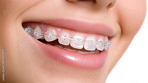 Smiling woman holding clear braces close to her mouth, showcasing the braces' transparency and aesthetic appeal.