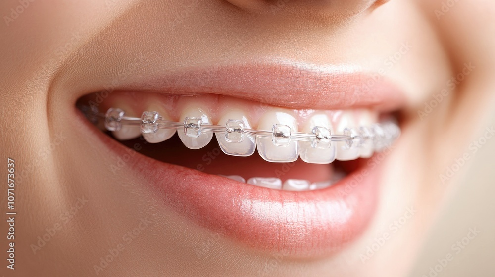 Obraz premium Smiling woman showing clear braces with a relaxed expression, set against a modern, light-colored background.