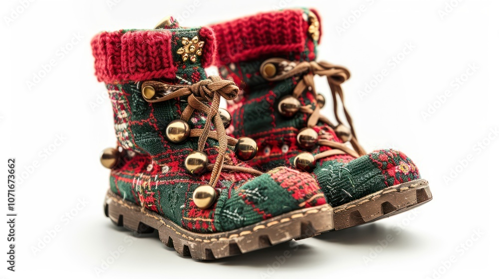 Festive elf boots with bells, isolated on white Festive elf boots with bells, isolated on white