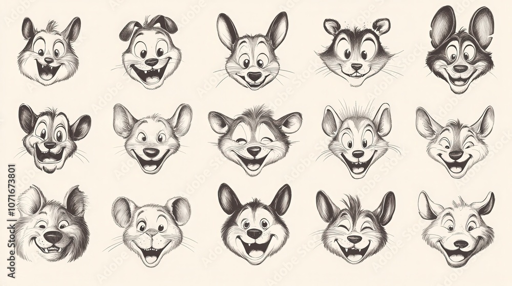 Obraz premium Delightful vintage cartoon animal faces with cheerful expressions, sketched in black and white, evoking 40s nostalgia in a fun and energetic style 
