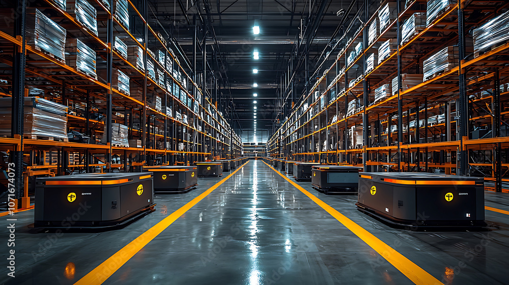 Fototapeta premium Efficient warehouse with automated delivery robots navigating aisles, showcasing modern logistics system. bright lighting enhances organized layout