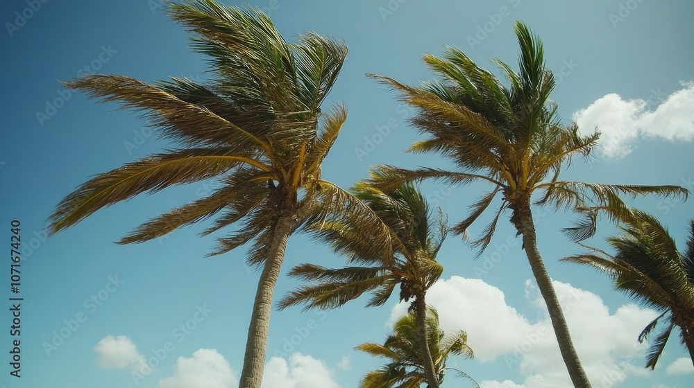 Obraz premium Tall palm trees leaning in the wind on a tropical day, the bright blue sky and few clouds creating a refreshing scene