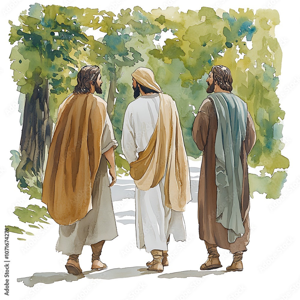 Fototapeta premium Three men walking in a forest, watercolor painting.