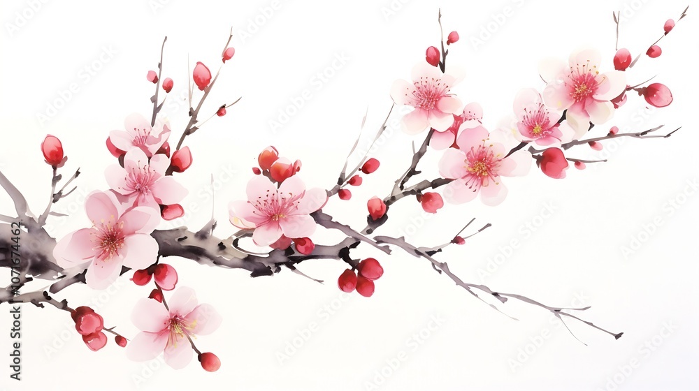 Naklejka premium Chinese painting of flowers, plum blossom, on white background. : Generative AI