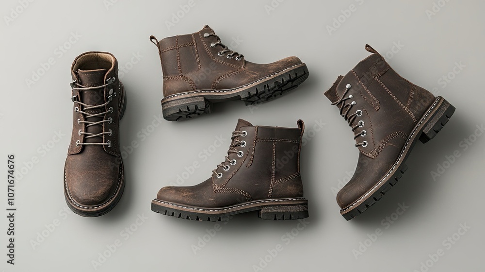 Top view of brown leather lace-up boots with a rugged design, arranged on a light gray background for a stylish outdoor aesthetic. Top view of brown leather lace-up boots with a rugged design, arranged on a light gray background for a stylish outdoor aesthetic.