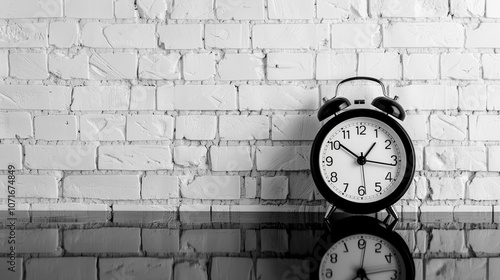 Wallpaper Mural Closeup black and white alarm clock for decorate on black glass table and white brick wall textured background in black and white tone with copy space Torontodigital.ca