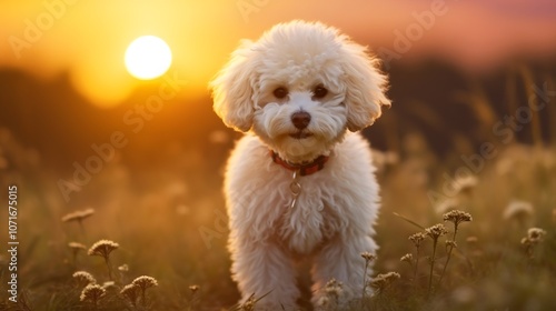 Adorable bichpoo dog breed in evening. : Generative AI photo