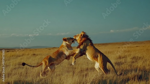 Two lions playfully wrestling in the grass, showcasing both power and the bond within a pride. photo