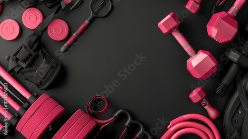 Fitness equipment including pink dumbbells, weights, and resistance bands arranged on black surface, creating vibrant and energetic workout atmosphere photo