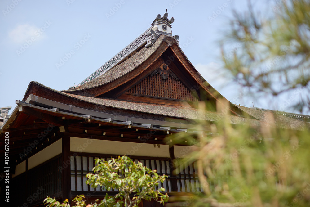 Traditional Japanese temple roof with intricate woodwork and sloping design, surrounded by lush greenery under a clear sky Traditional Japanese temple roof with intricate woodwork and sloping design, surrounded by lush greenery under a clear sky