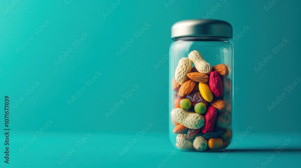 A vibrant capsule filled with assorted nuts and dried fruits, set against a bright turquoise background A vibrant capsule filled with assorted nuts and dried fruits, set against a bright turquoise background