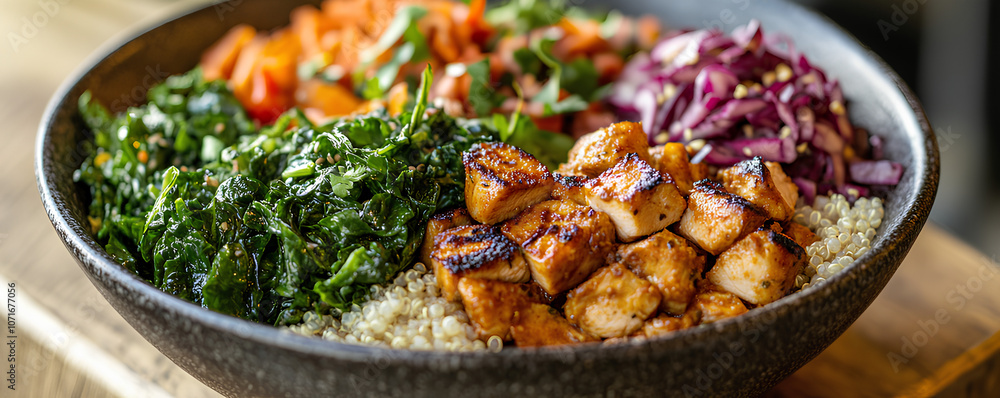 Close-up of a nutritious meal bowl with a variety of fresh ingredients such as chicken, greens, and quinoa, set on a wooden surface. Room for text Close-up of a nutritious meal bowl with a variety of fresh ingredients such as chicken, greens, and quinoa, set on a wooden surface. Room for text