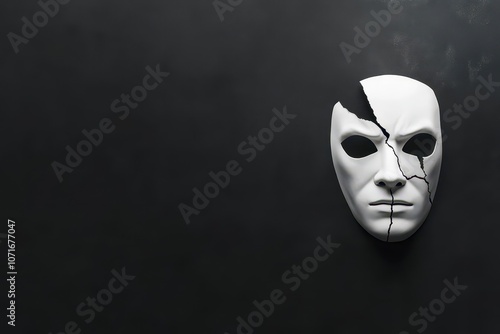Cracked mask, emotionless gaze, suppressed terror, subtle unease