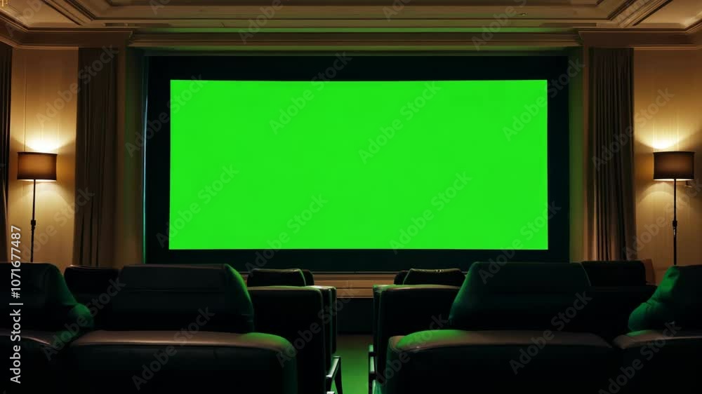 Green Screen in Empty Theater for Customizable Cinema Content | Film, Presentation, or Digital Advertisement Concept Green Screen in Empty Theater for Customizable Cinema Content | Film, Presentation, or Digital Advertisement Concept