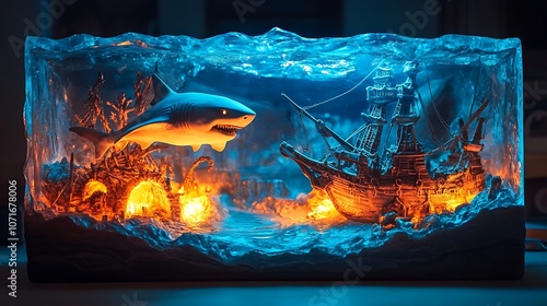 A miniature scene of a shark attacking a sunken ship under a blue, rippling sea.