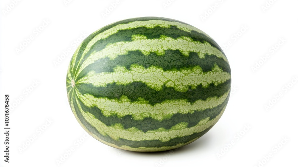 Whole watermelon with striped green skin, isolated on a white background for a summer vibe Whole watermelon with striped green skin, isolated on a white background for a summer vibe