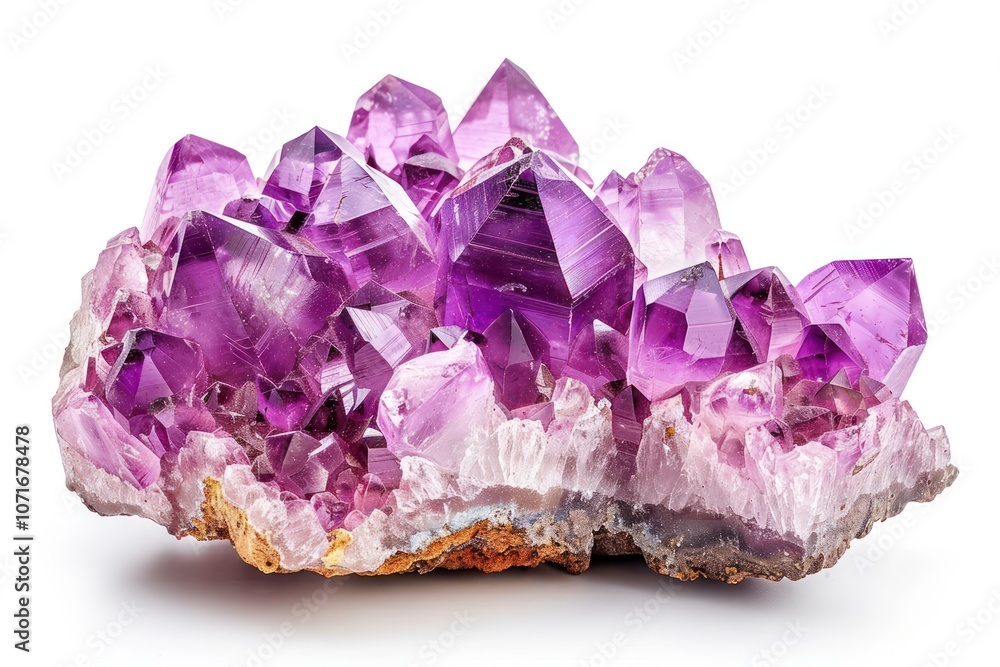 Natural amethyst cluster on white background, deep purple hues and rough texture Natural amethyst cluster on white background, deep purple hues and rough texture
