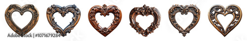 Ornate heart-shaped wooden frame isolated on a transparent or white background, cut out, PNG